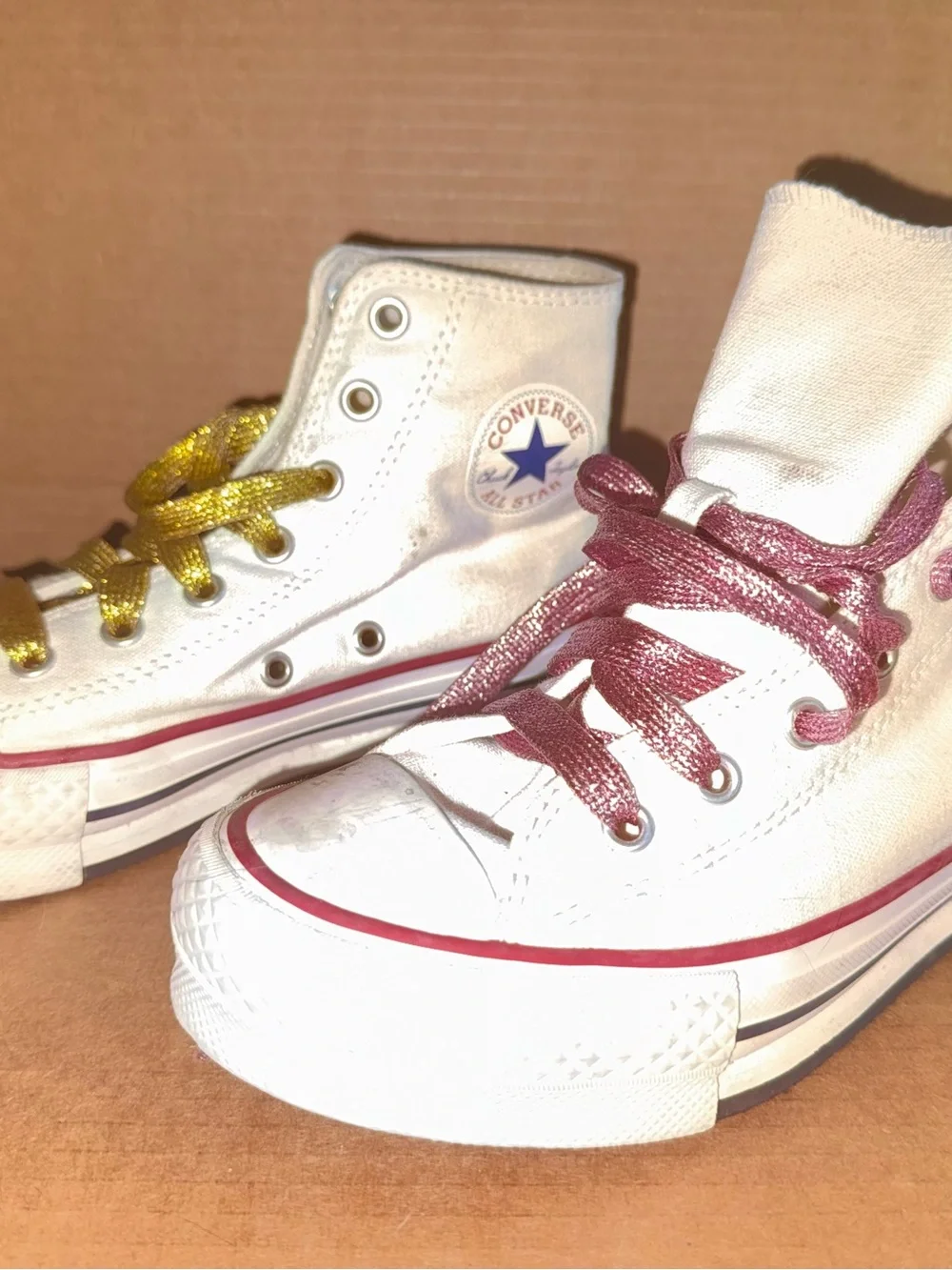 Converse White High Top Sneakers with Pink & Gold Laces